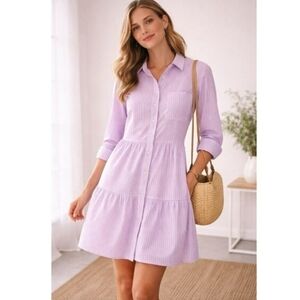 Loft MP Lilac Button-Front Tiered Shirt Dress - Women